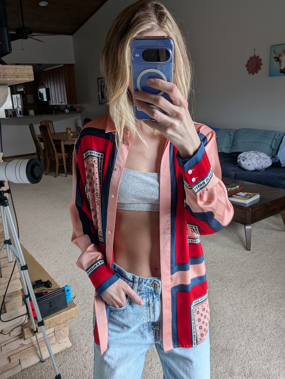 Scotch & Soda Pink Red & Navy Printed Satin Button-Up Shirt Blouse